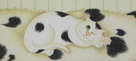 Linda Jane Smith (b.1962). White cat with black spots, watercolour, initialled, 12cm x 26cm. Label v