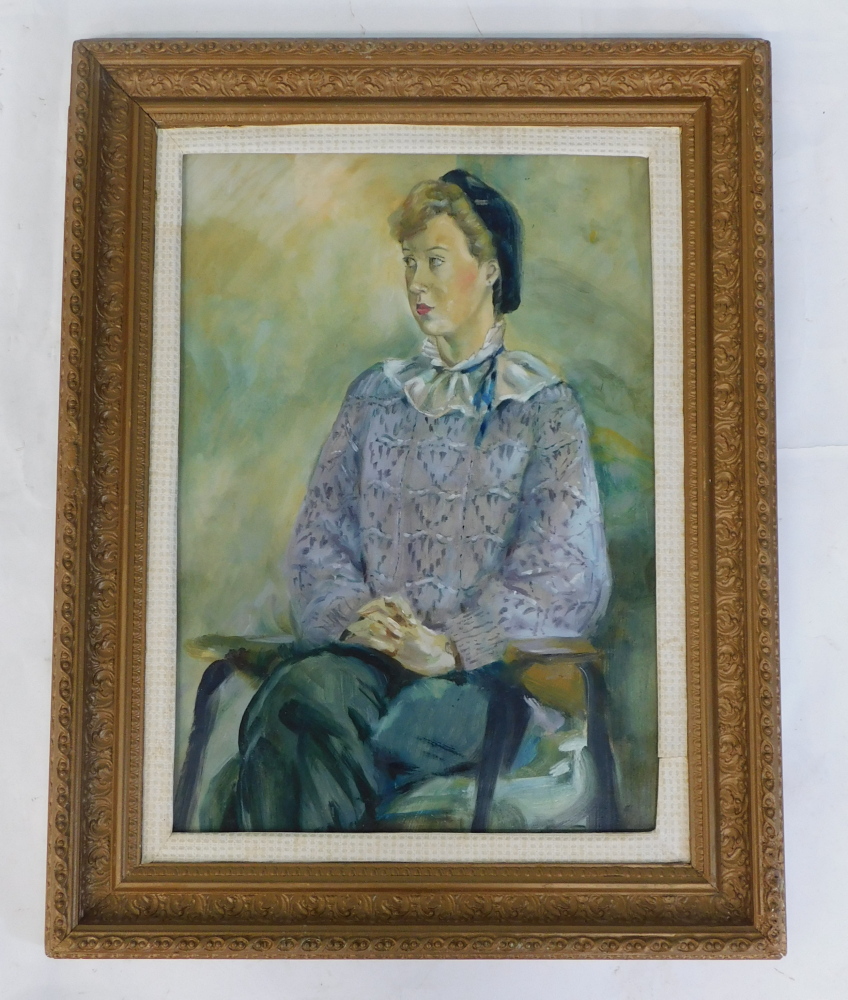 Lewis Davies. Portrait of a lady seated, oil on board, 51cm x 36cm. - Image 2 of 4