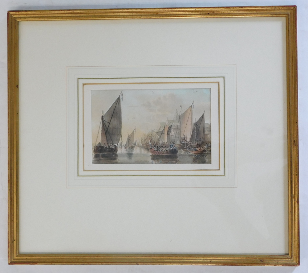 Attributed to J.B. Pyne. Sailing ships, possibly Dutch, watercolour, 10cm x 17cm. - Image 2 of 4