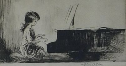 Eileen Alice Soper (1905-1990). Piano practice, artist signed etching, 10cm x 18cm.