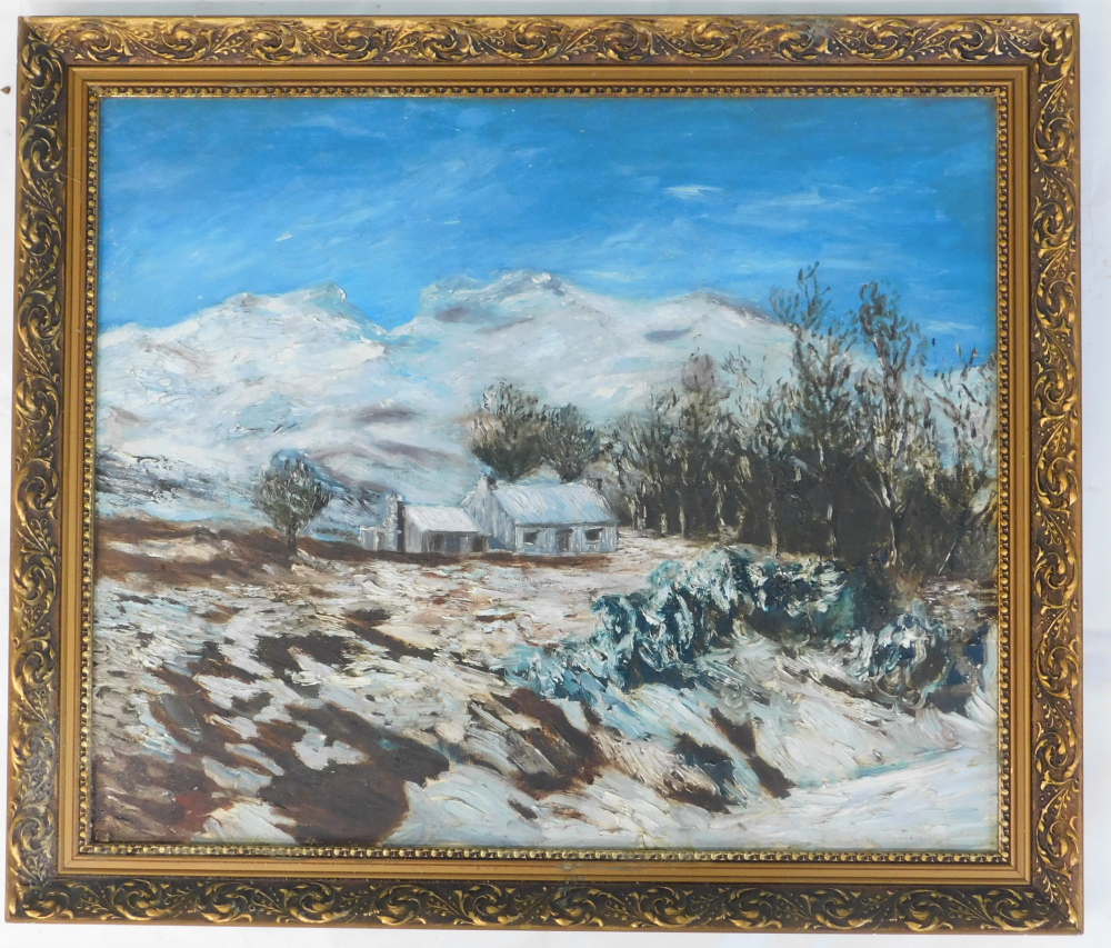 20thC School. Winter landscape, oil on canvas, indistinctly signed, 50cm x 59cm. - Bild 2 aus 3