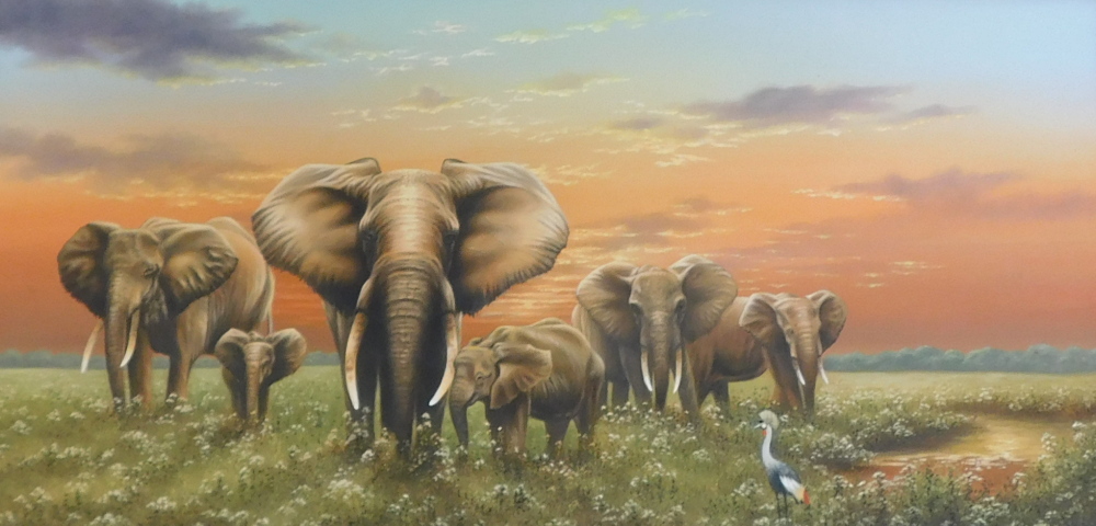 David Waller (b.1945). Elephants, oil on canvas, signed, 37cm x 79cm.