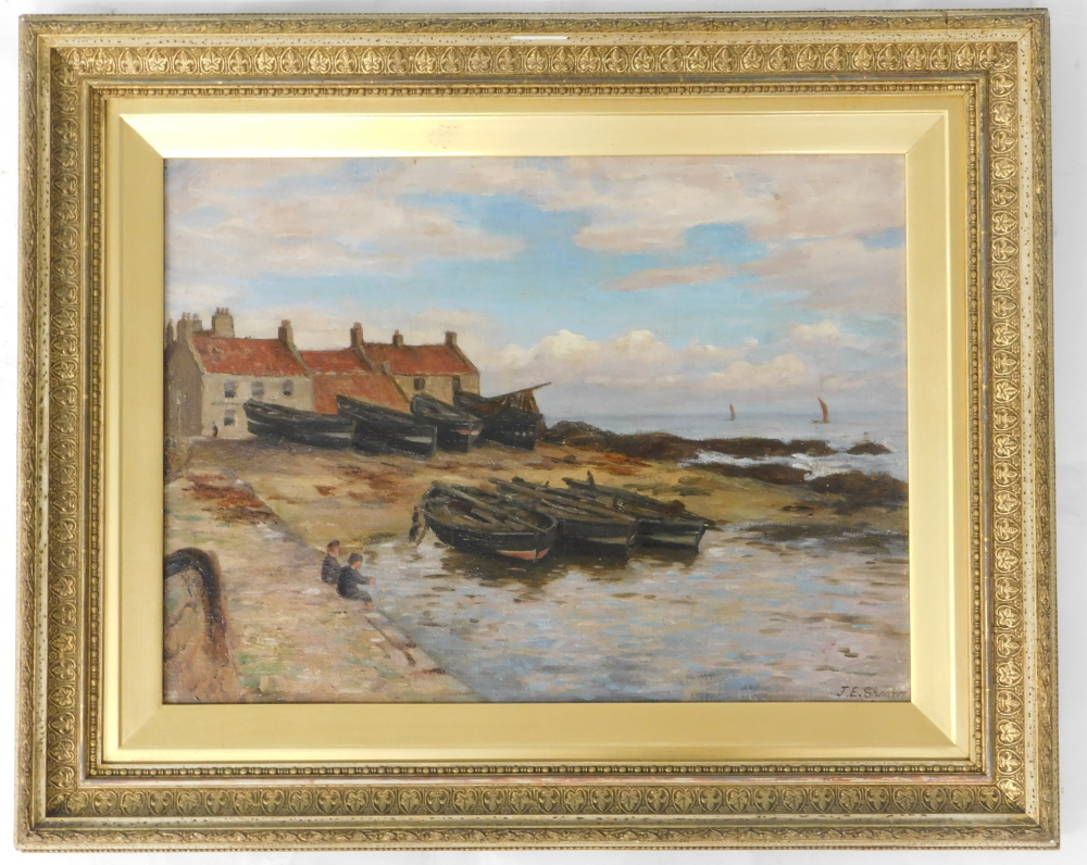 James Elliott Shearer (1858-c.1940). Coastal scene with rowing boats, oil on canvas, signed, 29cm x - Image 2 of 5