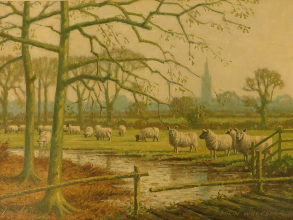 Robin Wheeldon (b.1945). Landscape with sheep, oil on board, signed, dated (19)87, titled verso, 29c