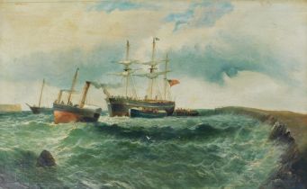 Attributed to James Penny (19thC). Shipping off the coast, oil on canvas, 37cm x 59cm.
