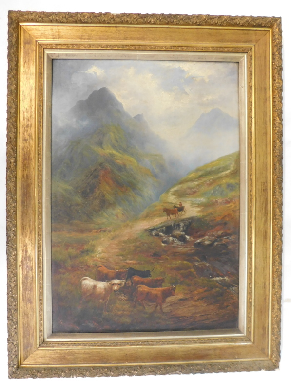 19thC School. Highland cattle in mountain landscape, oil on canvas, 96.5cm x 66.5cm. - Image 2 of 3