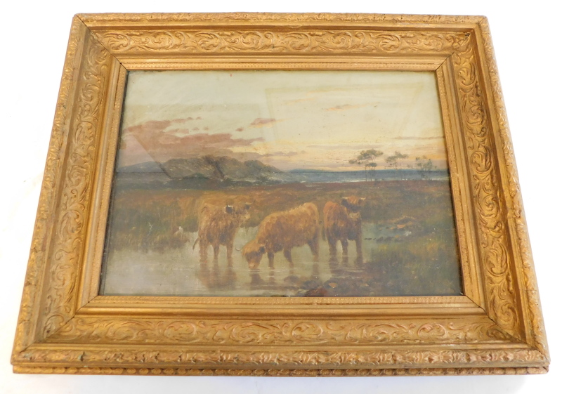 Charles W. Oswald (19thC/20thC). Cattle in river landscape, oil on canvas, signed, 5cm x 35cm. - Image 2 of 4