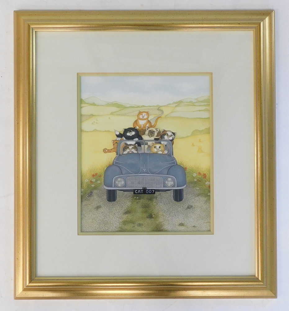 Linda Jane Smith (b.1962). 7 cats in Morris Minor, watercolour, initialled, 29.5cm x 24.5cm. Label v - Bild 2 aus 5