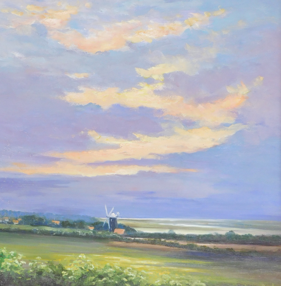 Shirley Carnt (20thC). Summer Evening Burnham Overy Mill, oil on board, signed and titled verso, 44.