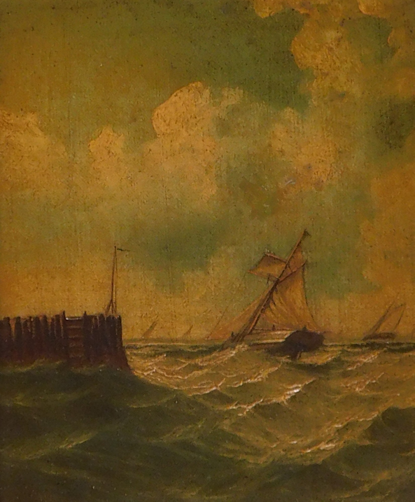 19thC British School. Sailing ships off coast, oil on canvas, 29cm x 24cm. - Image 2 of 4