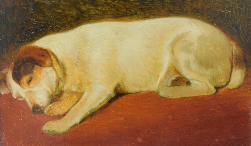 20thC School. Sleeping dog, oil on board, 13cm x 21cm.