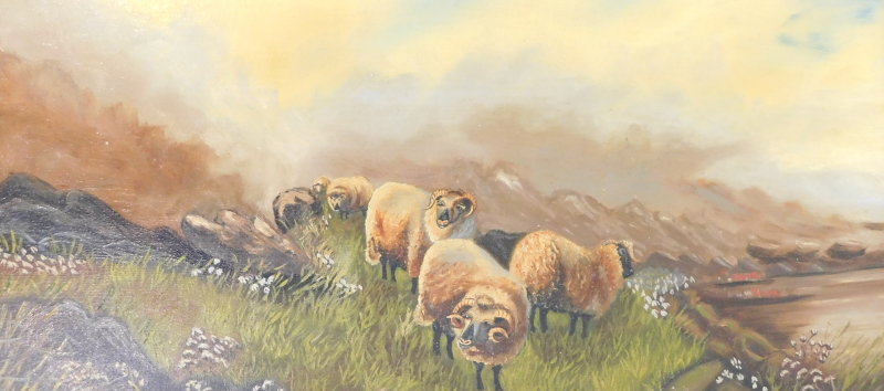 F.E. Webster (19thC/20thC). Sheep and cattle, oils on canvas, signed and dated 1915, 28cm x 59cm - p - Image 3 of 6