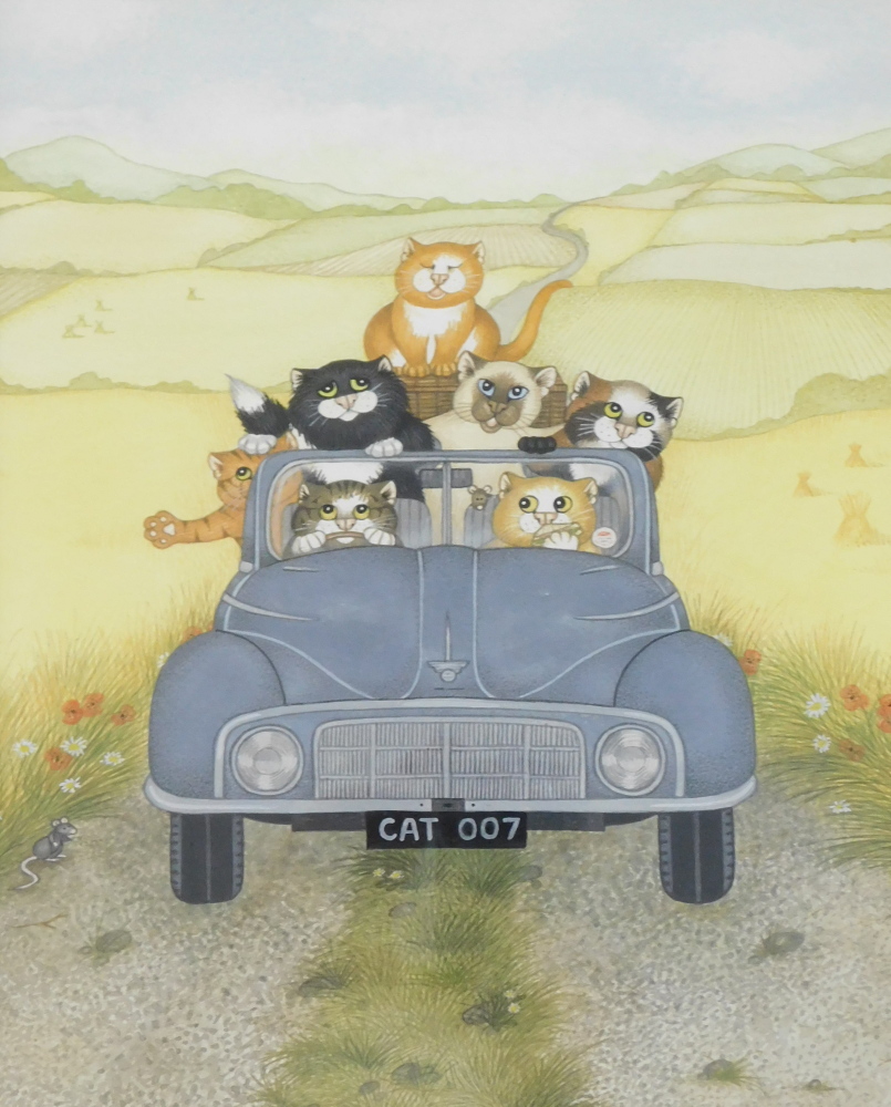 Linda Jane Smith (b.1962). 7 cats in Morris Minor, watercolour, initialled, 29.5cm x 24.5cm. Label v