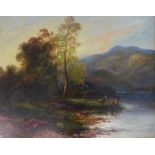 H. Graham. River landscape with stags at water's edge, oil on board, signed, 39.5cm x 49.5cm.