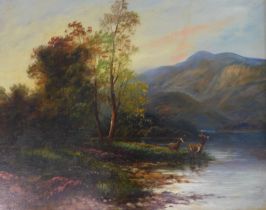 H. Graham. River landscape with stags at water's edge, oil on board, signed, 39.5cm x 49.5cm.
