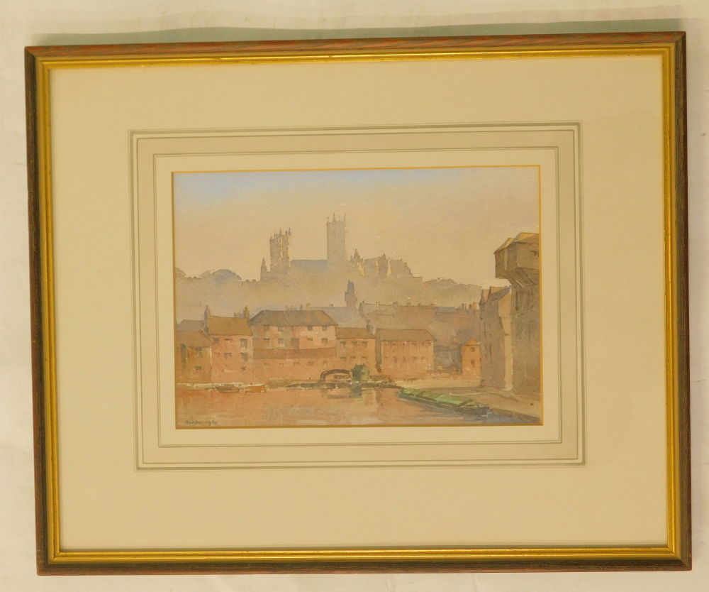 Len Roope (1917-2005). Lincoln Cathedral from Brayford, watercolour, signed and dated 1974, 18cm x 2 - Image 2 of 4