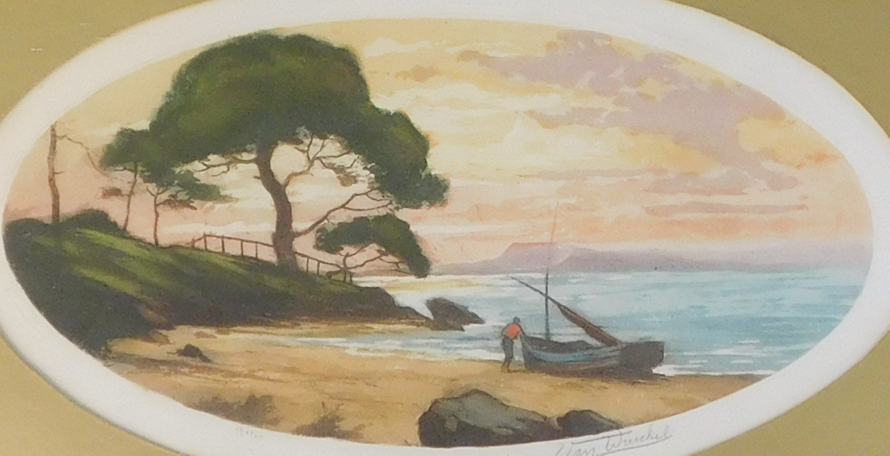 Van Winchel. Coastal scene with figure and sailing boat, artist signed coloured etching, 53/500, 23c