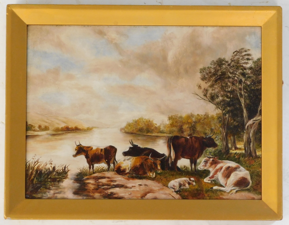 19thC British School. Cattle at water's edge, oil on board, initialled, 21.5cm x 29cm. - Image 2 of 4