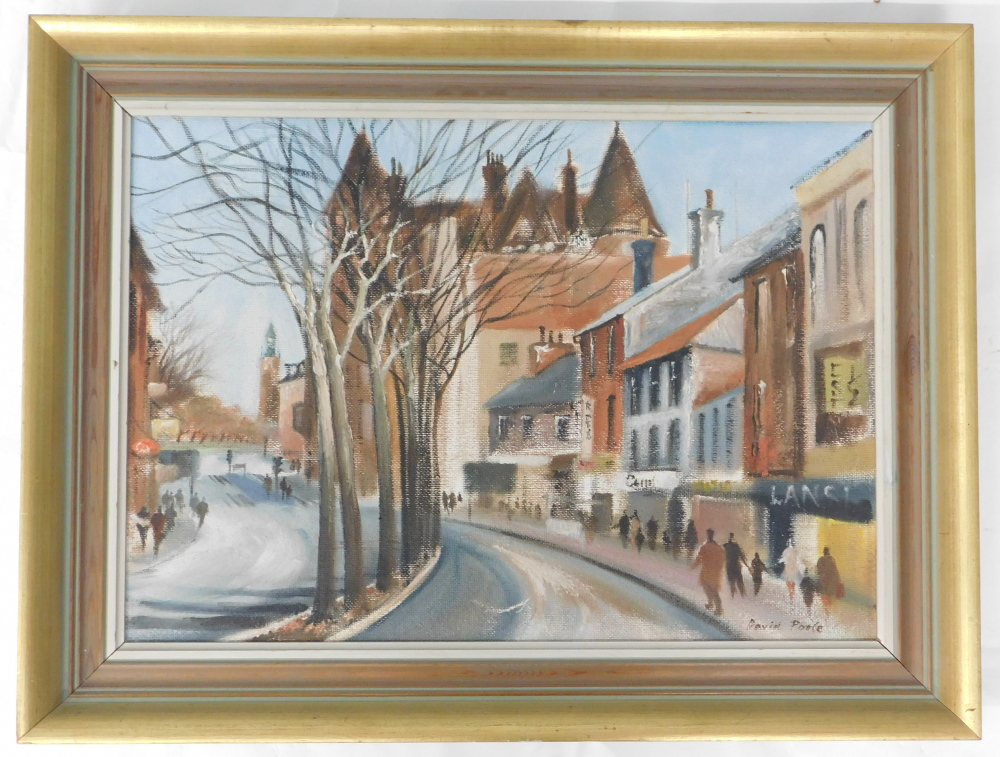 David Poole (1936-1995). Figures in street scene, oil on board, signed, 41cm x 59cm. - Image 2 of 4