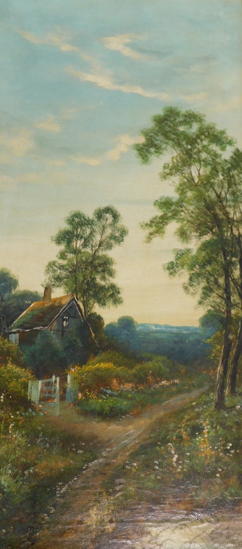 E. Coleson (19thC). Woodland landscape with cottages, oil on canvas - pair, 59cm x 29cm. - Image 4 of 6