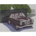 After M. Clark. Maroon Mercedes, artist signed limited edition coloured print, 2/12, 32cm x 38cm.