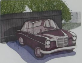 After M. Clark. Maroon Mercedes, artist signed limited edition coloured print, 2/12, 32cm x 38cm.