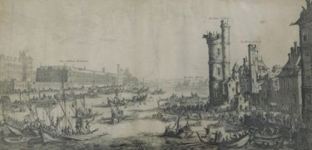After Jacques Callot. Les Gallies Du Lourvre, framed and mounted etching, 16cm x 33cm.
