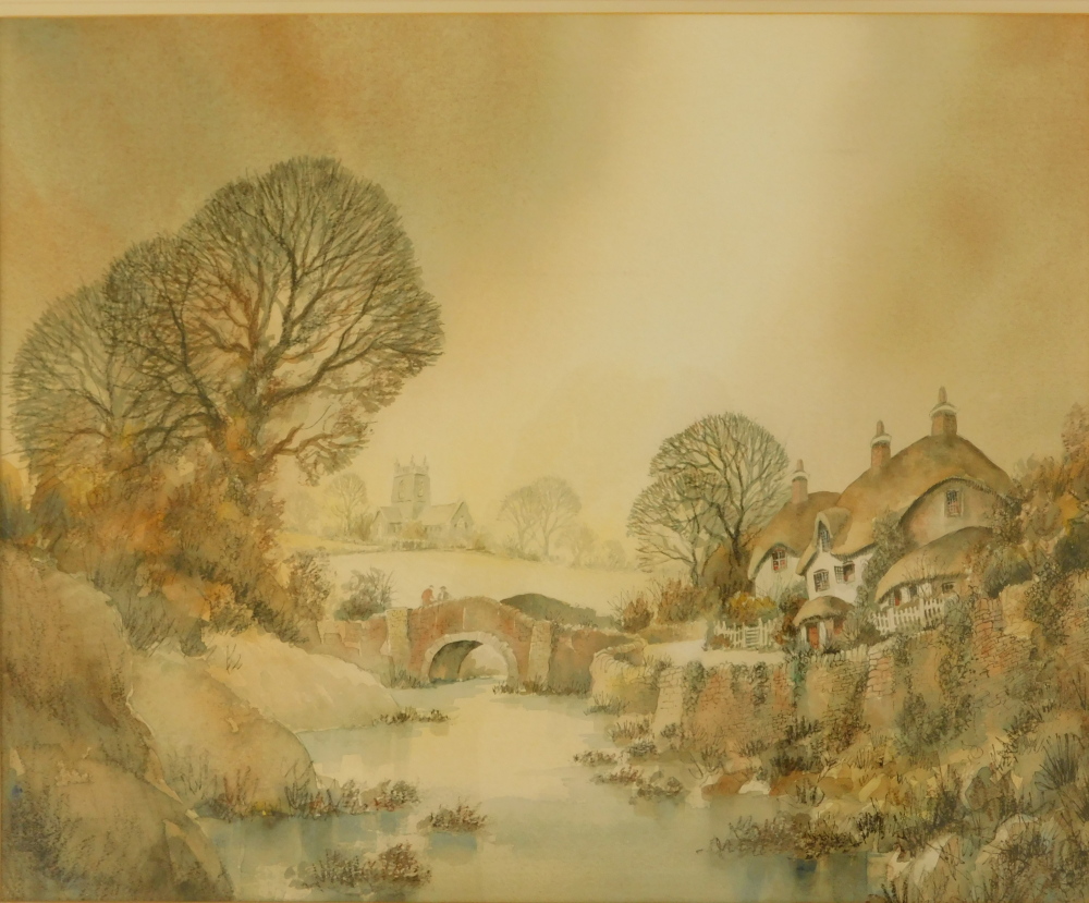 George Alan (b.1913). River landscape with thatched cottage and church, watercolour, 39cm x 48cm.