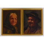 Lonez Sanchez. Portrait of a gentleman smoking a pipe, and lady, oil on canvas - pair, signed, 25c x
