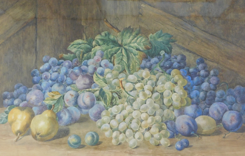 Dorothy Mee (19thC/20thC). Still life with grapes, pears, plums, etc., watercolour, signed and date