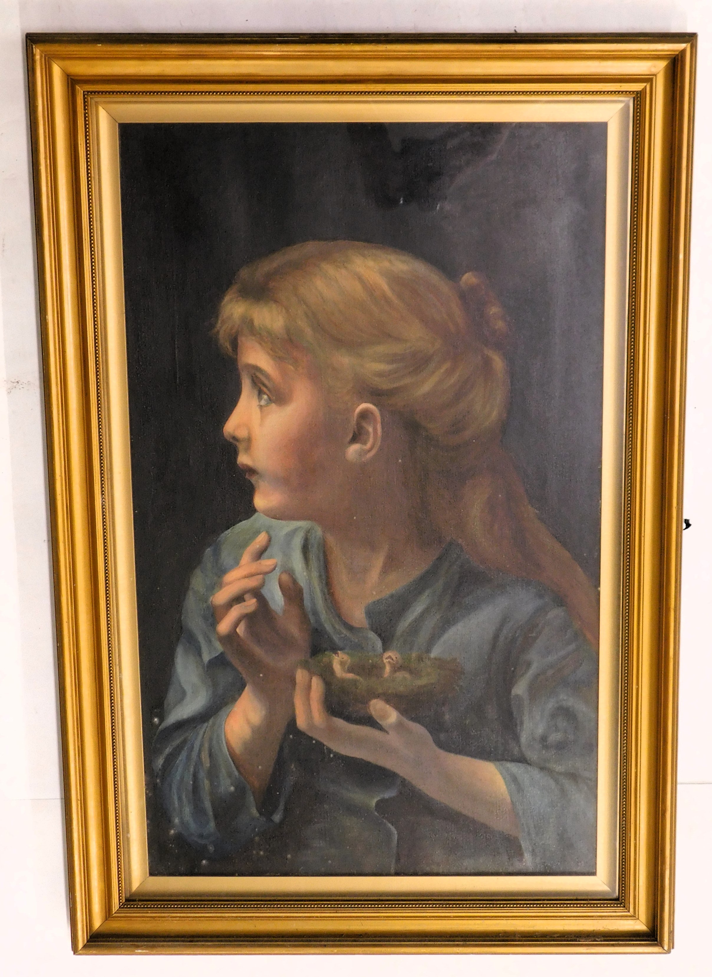 19thC British School. Young girl holding chicks, oil on canvas, 65cm x 40cm. - Image 2 of 4