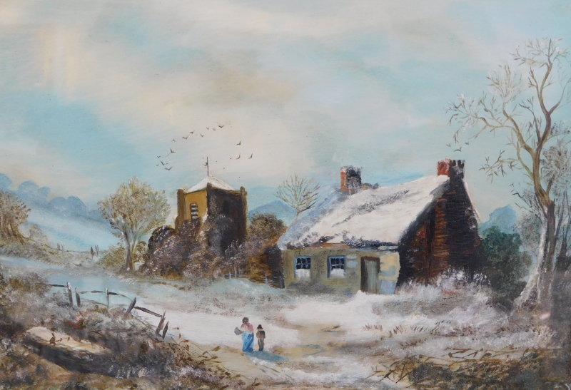 19thC School. Winter landscape, oil, 23cm x 33cm.