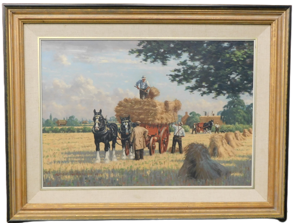 Robin Wheeldon (b.1945). Harvest, oil on board, signed and titled verso, 52cm x 74.5cm. Artist labe - Bild 2 aus 5
