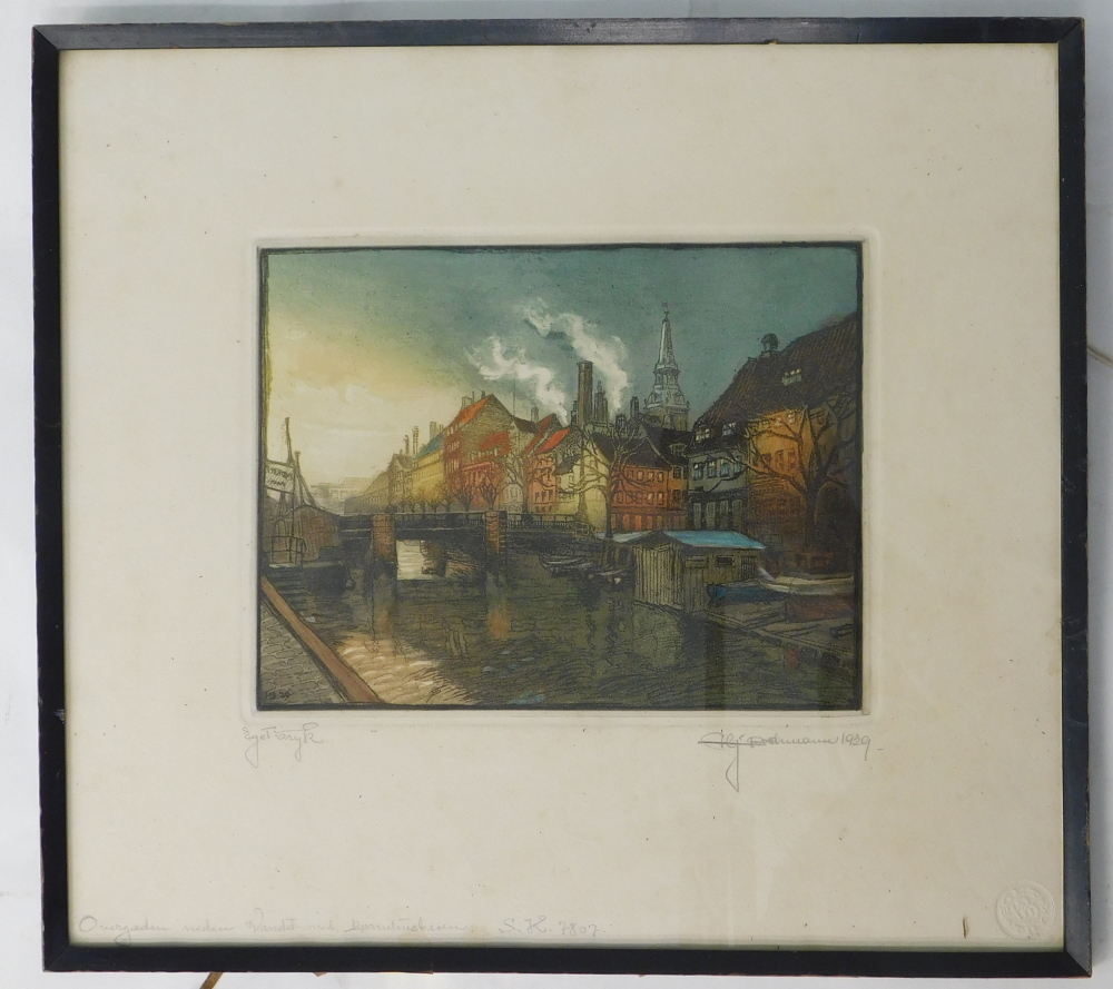 I.B. Canal scene, artist signed, titled and dated 1929, coloured etching, 36cm x 40cm. - Image 2 of 6