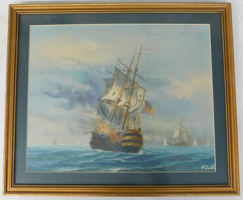 F. Wells (20thC). Mast ship under fire, oil on canvas, signed, 43cm x 53.5cm. - Bild 2 aus 4