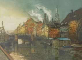 I.B. Canal scene, artist signed, titled and dated 1929, coloured etching, 36cm x 40cm.