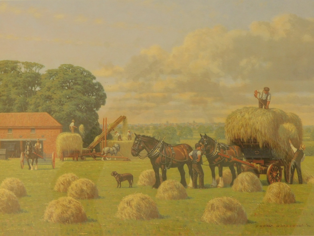 Robin Wheeldon (b.1945). Harvesting, artist signed proof coloured print, 33.5cm x 44cm.