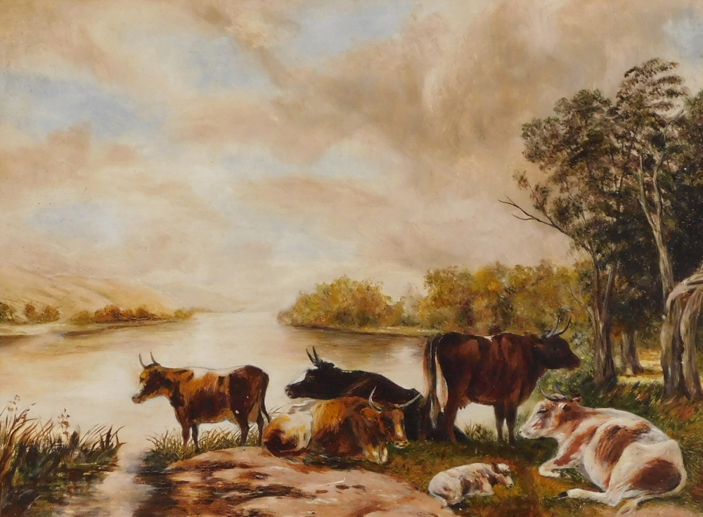 19thC British School. Cattle at water's edge, oil on board, initialled, 21.5cm x 29cm.