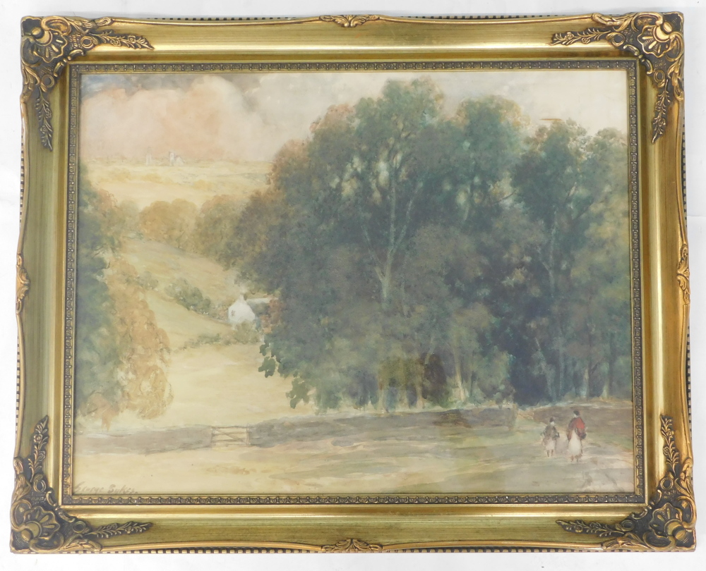 George Sykes (19thC/20thC). Landscape with figures, trees and cottage, watercolour, signed, 50cm x - Image 2 of 4