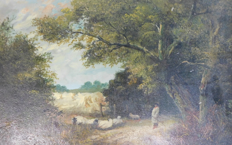 L. Lyons (19thC). Shepherd with flock, oil on canvas, signed, 30cm x 48cm.