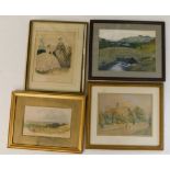 T. J. Soper. Extensive landscape with harvesting scene, watercolour, 16cm x 27cm, J. Higginson stre