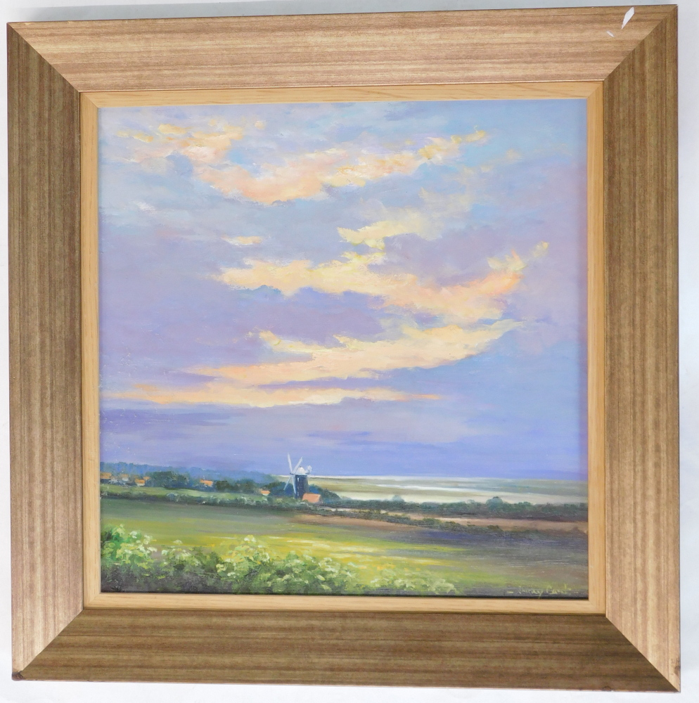 Shirley Carnt (20thC). Summer Evening Burnham Overy Mill, oil on board, signed and titled verso, 44. - Image 2 of 5