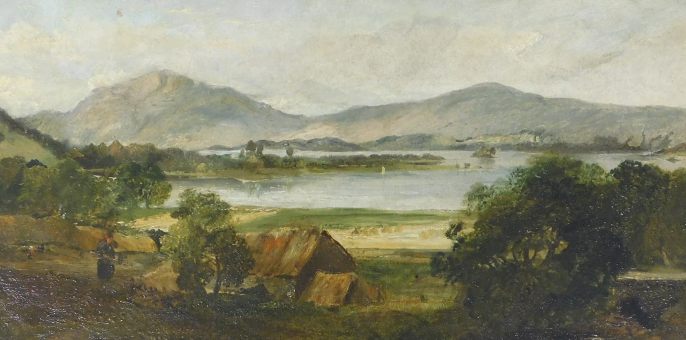 Horatio McCulloch (1805-1867). View of a Loch, oil on board, attributed on mount, 25cm x 49.5cm. Lab