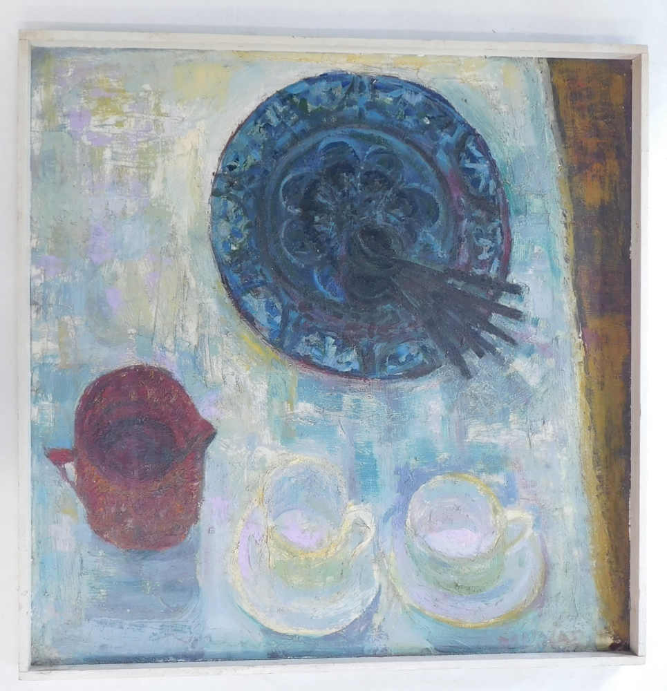 M. Douglas. Cups and saucers, still life, oil on board, signed, 59cm x 59cm. - Image 2 of 4