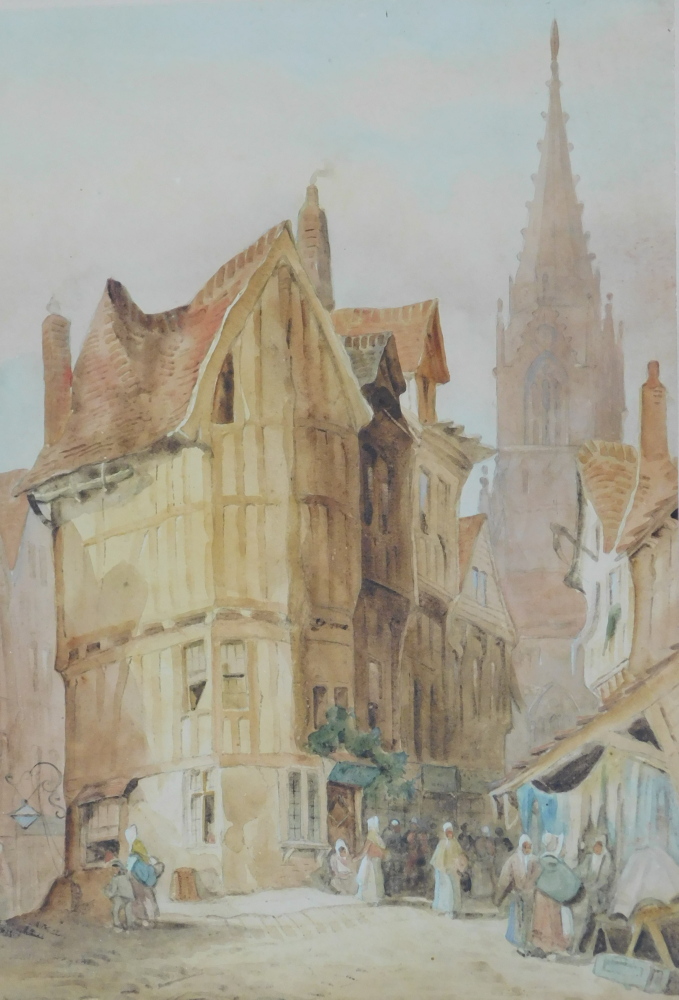 W. Allen. Continental street scene, with figures, watercolour, signed, 37cm x 26cm.