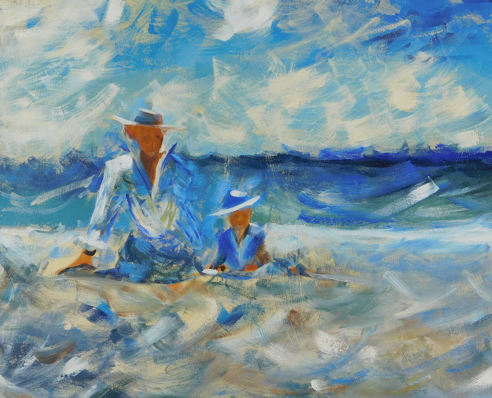 20thC Continental School. Figures seated on a beach, oil on canvas, 39cm x 49cm.