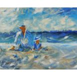 20thC Continental School. Figures seated on a beach, oil on canvas, 39cm x 49cm.