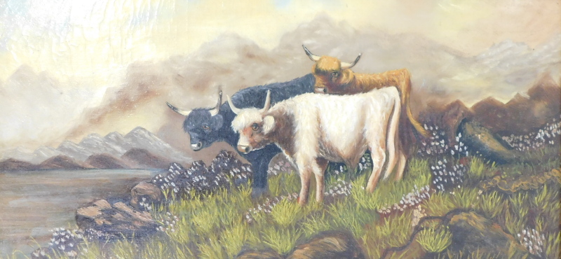 F.E. Webster (19thC/20thC). Sheep and cattle, oils on canvas, signed and dated 1915, 28cm x 59cm - p - Image 2 of 6