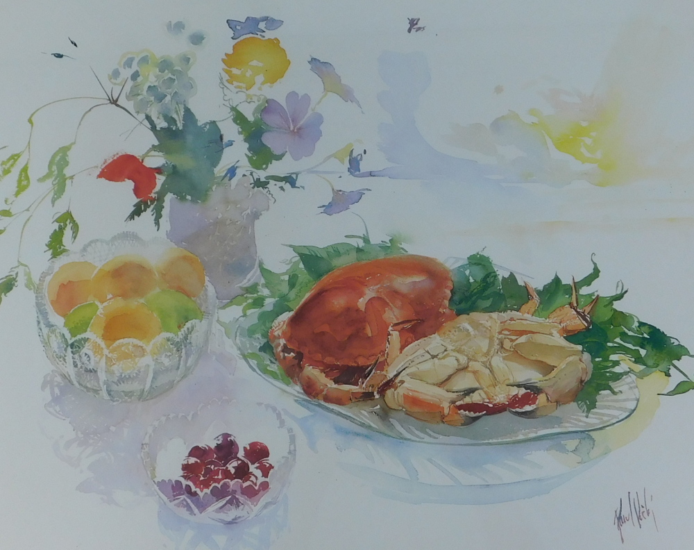 John Wick. Still life with crab, fruit, vase of flowers, etc., coloured print, 50cm x 64cm.