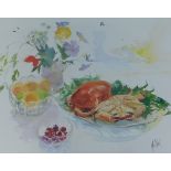 John Wick. Still life with crab, fruit, vase of flowers, etc., coloured print, 50cm x 64cm.